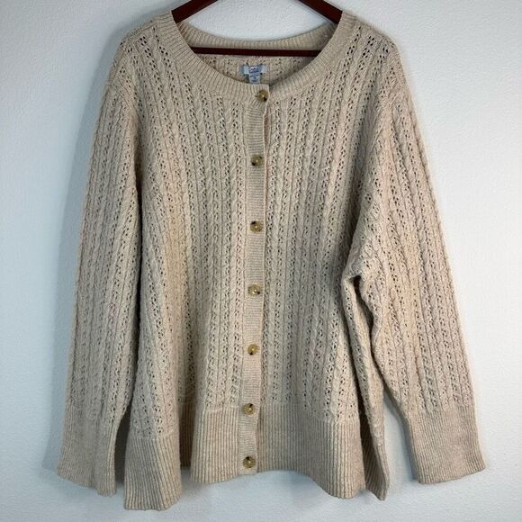 Croft & Barrow Beige Pointelle Knit Button Front Cardigan Sweater Womens 3X - Picture 1 of 10